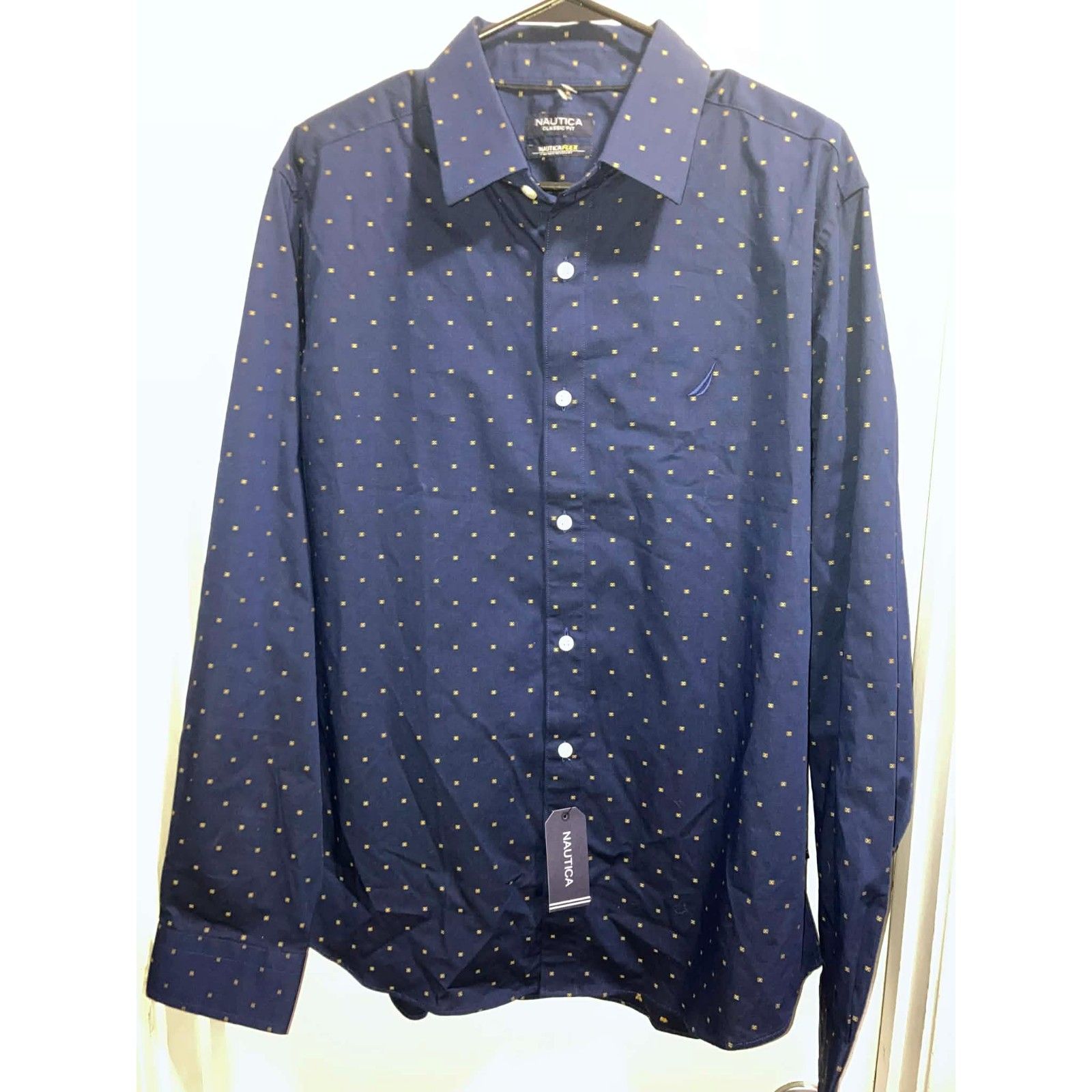 Nautica Classic Fit Wrinkle-Resistant Button Down Navy Gold New W/ Tags